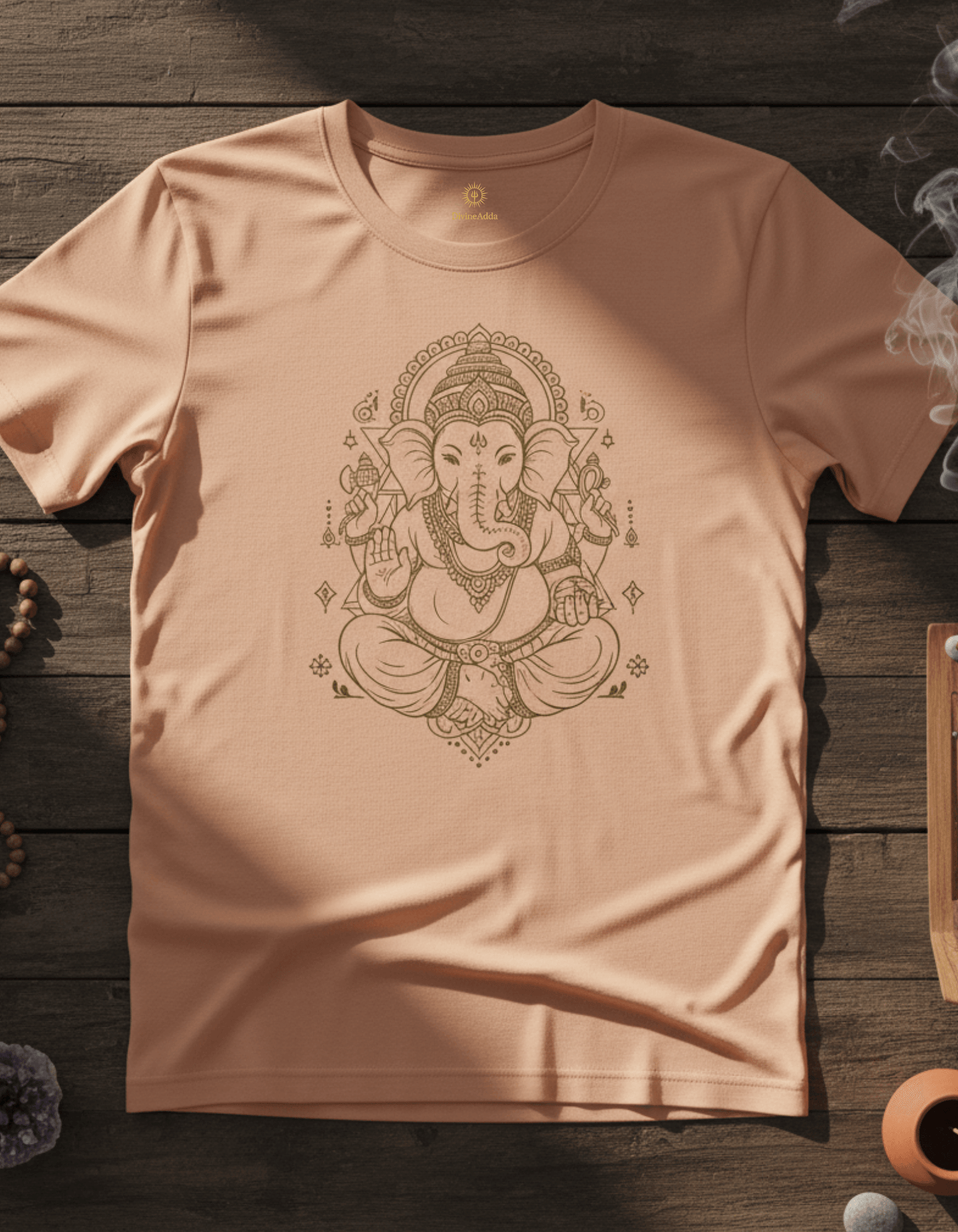 Divine Lord Ganesha Spiritual T-Shirt featuring a sacred illustration of Shri Ganesh Ji on a soft cotton fabric.