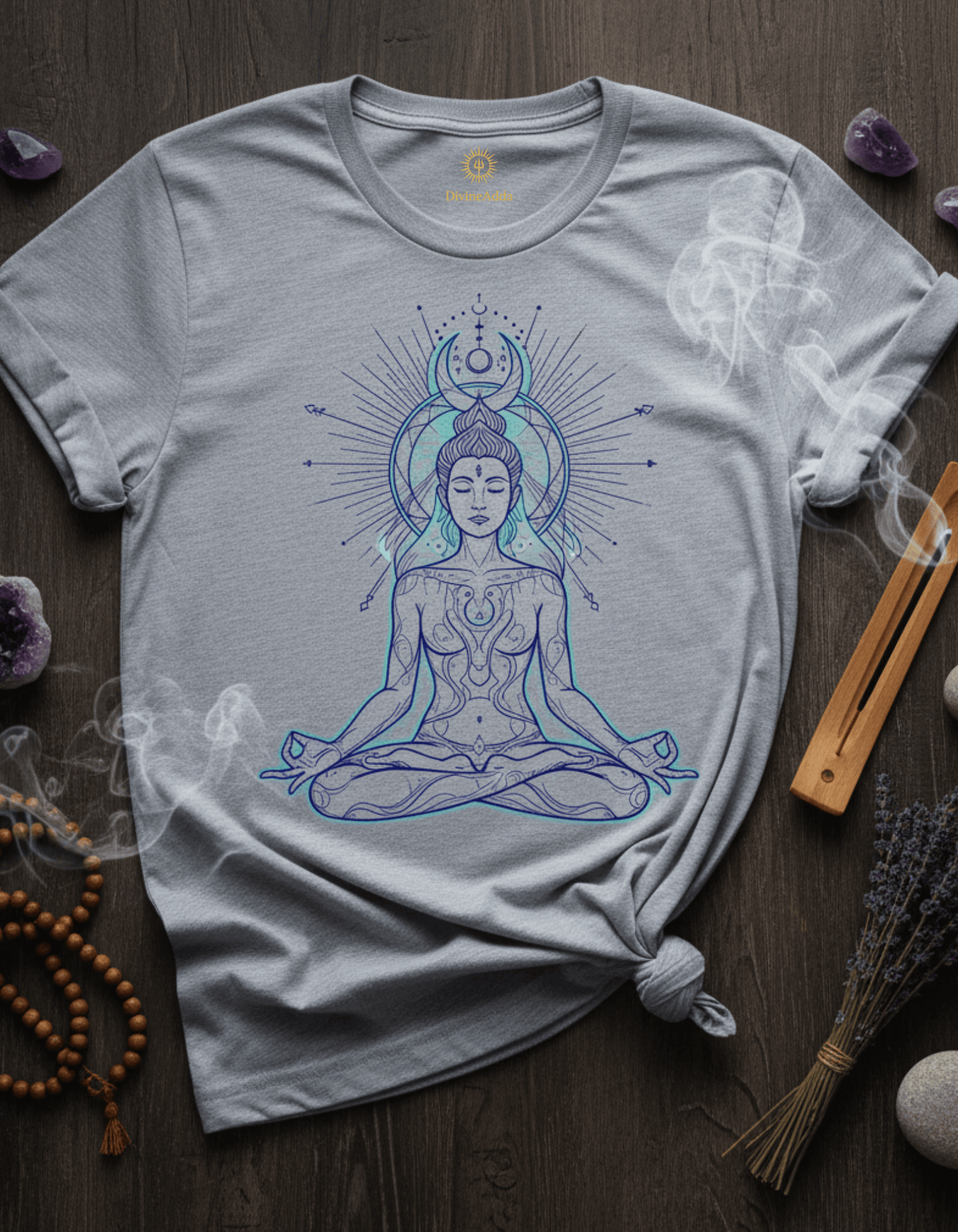 Divine Meditation Spiritual T-Shirt featuring a meditating yogi illustration, perfect for yoga and mindfulness.