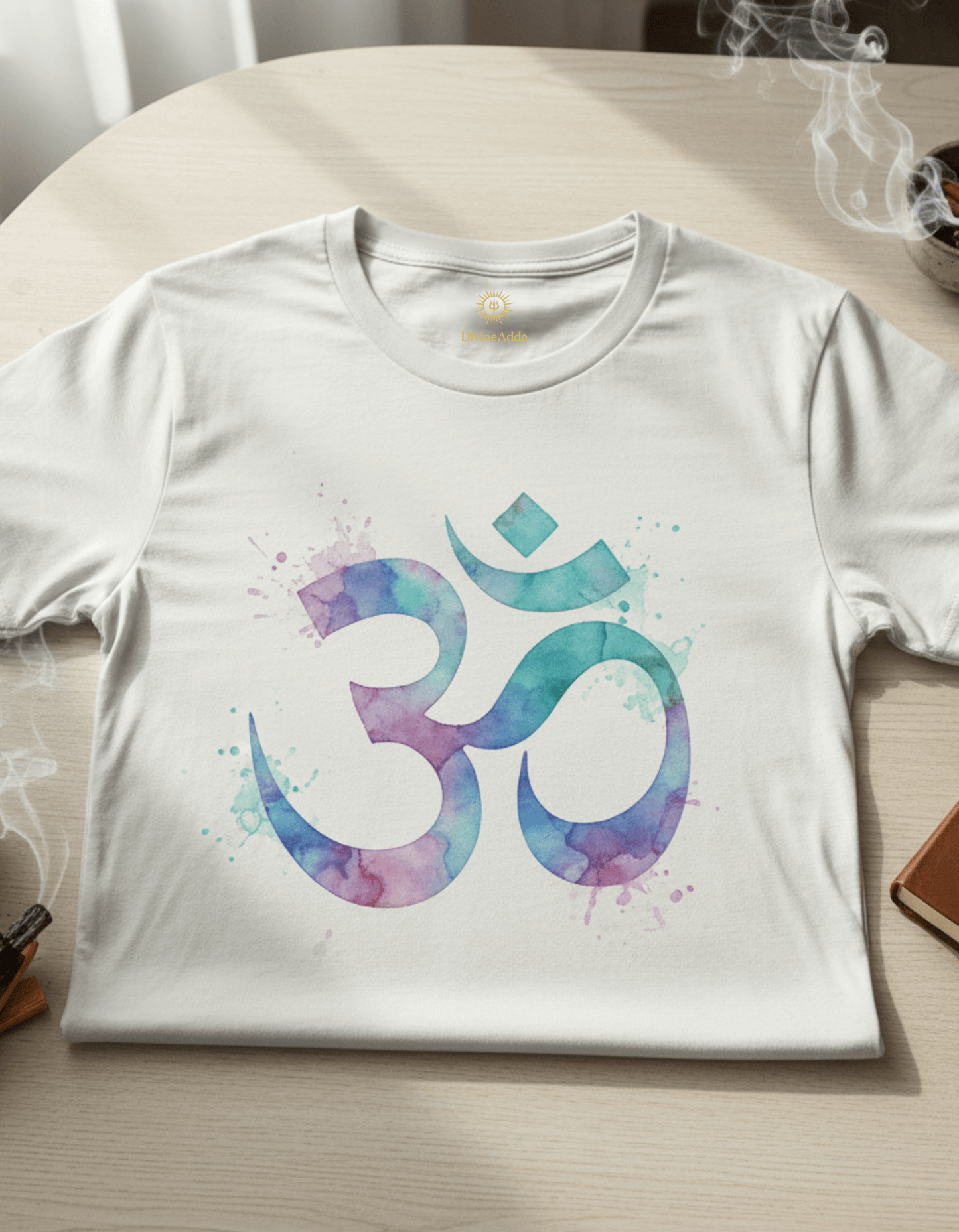 Spiritual OM T-Shirt - Embrace Comfort & Consciousness featuring a colorful OM symbol on a white background.