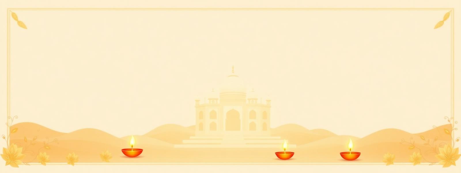 Ivory and gold illustration of a temple with lit diya lamps and marigold flowers
