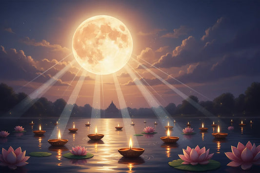 Kartik Purnima 2025 celebration with floating lamps and lotus flowers under a full moon.