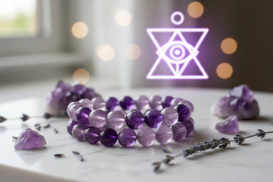 Amethyst Bracelet Benefits: a beautiful amethyst bracelet surrounded by crystals and lavender for spiritual protection.