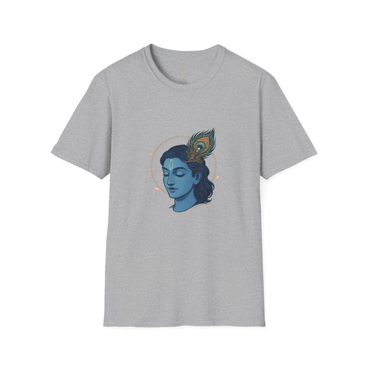 Krishna Portrait T-Shirt — Blue Hindu Deity Design with Peacock Feather