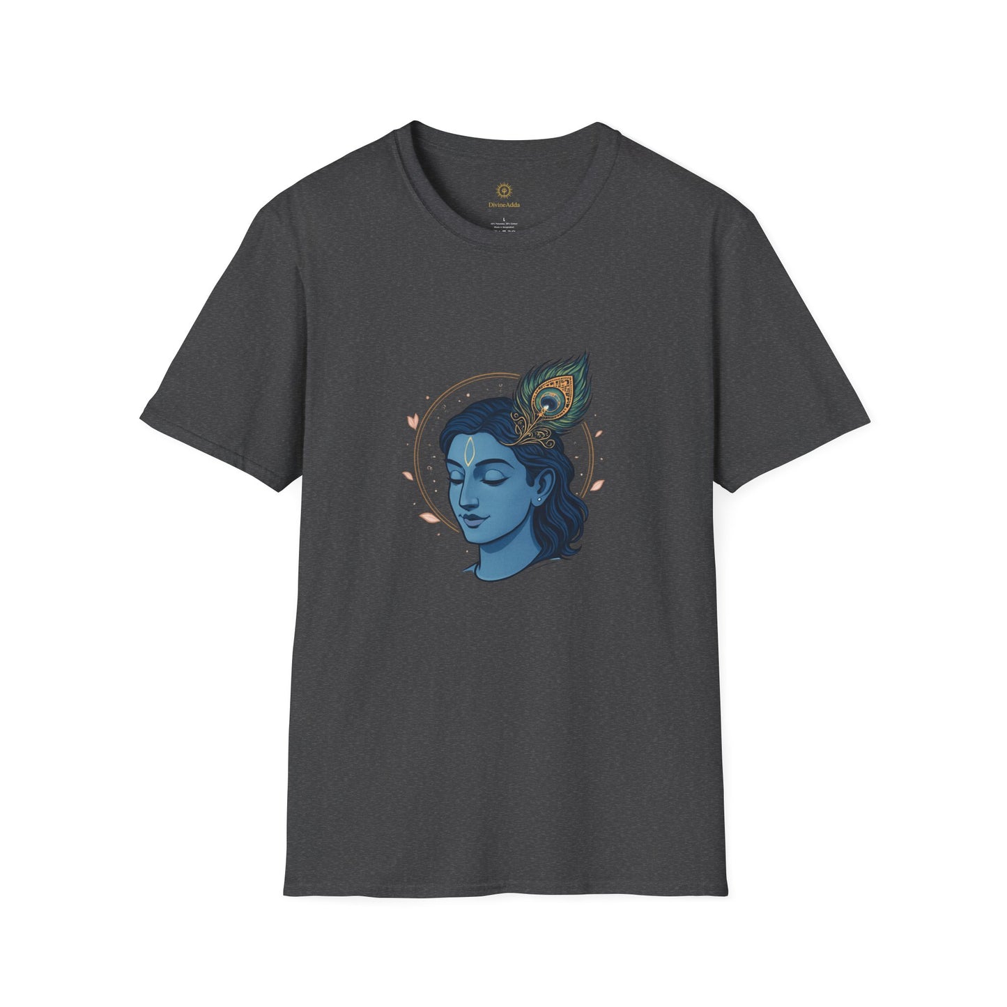 Krishna Portrait T-Shirt — Blue Hindu Deity Design with Peacock Feather