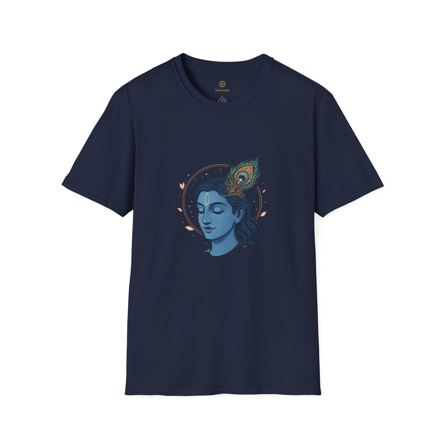Krishna Portrait T-Shirt — Blue Hindu Deity Design with Peacock Feather