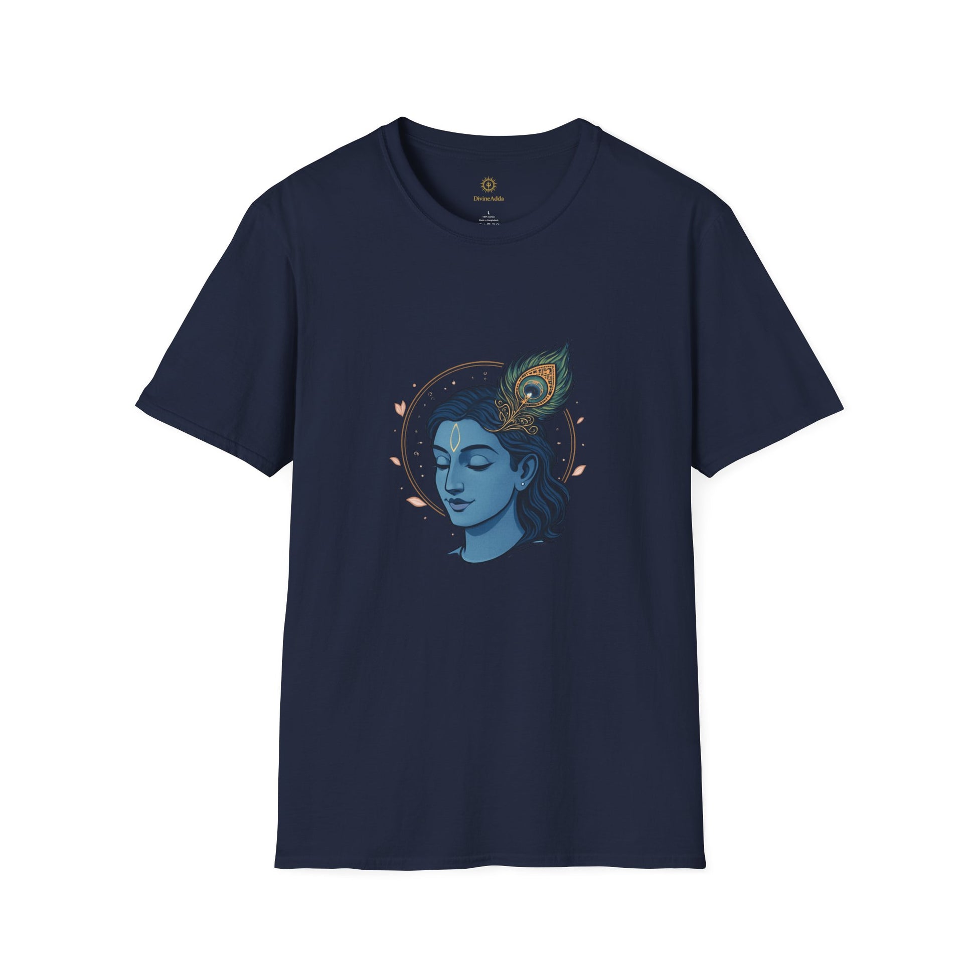 Krishna Portrait T-Shirt — Blue Hindu Deity Design with Peacock Feather
