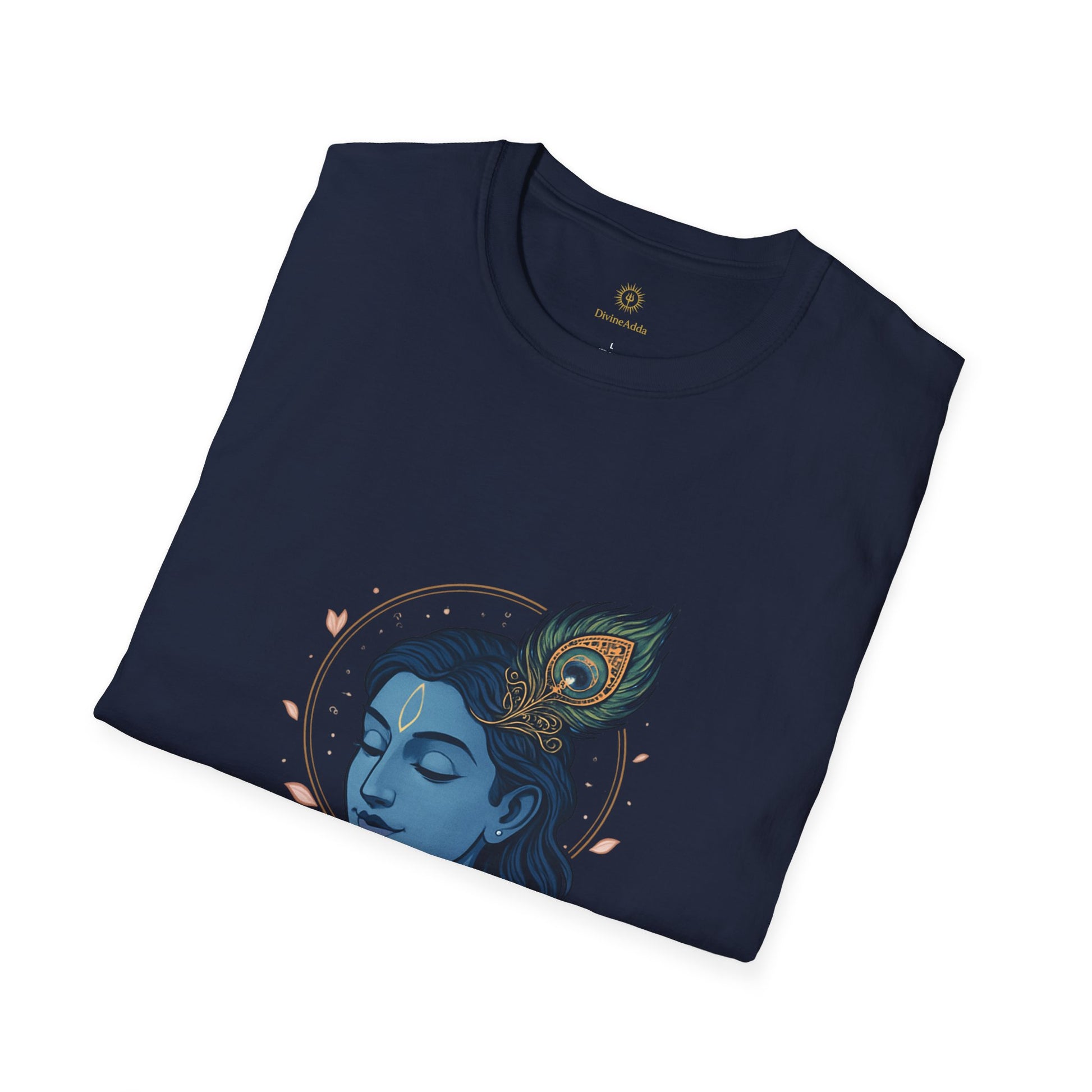 Krishna Portrait T-Shirt — Blue Hindu Deity Design with Peacock Feather