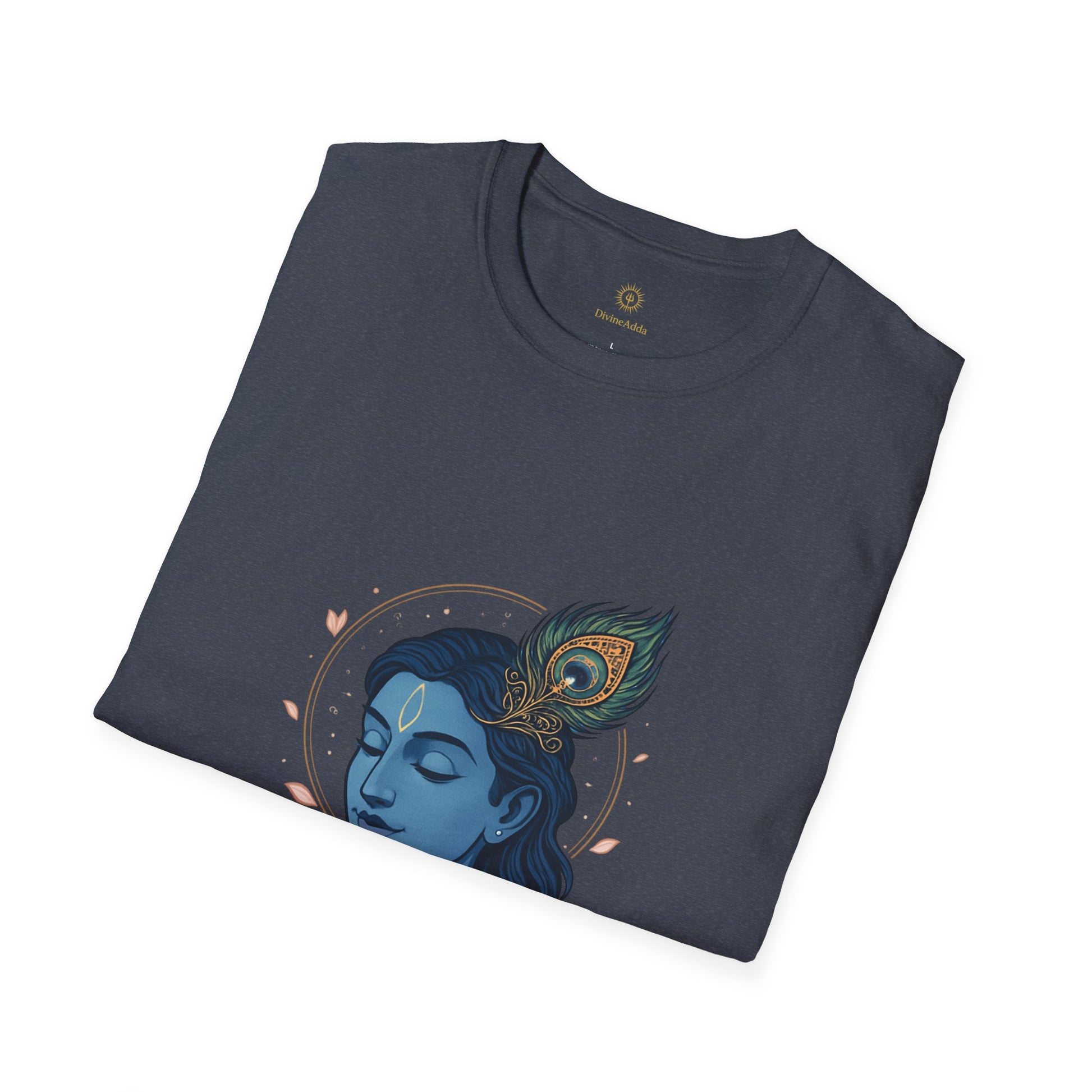 Krishna Portrait T-Shirt — Blue Hindu Deity Design with Peacock Feather
