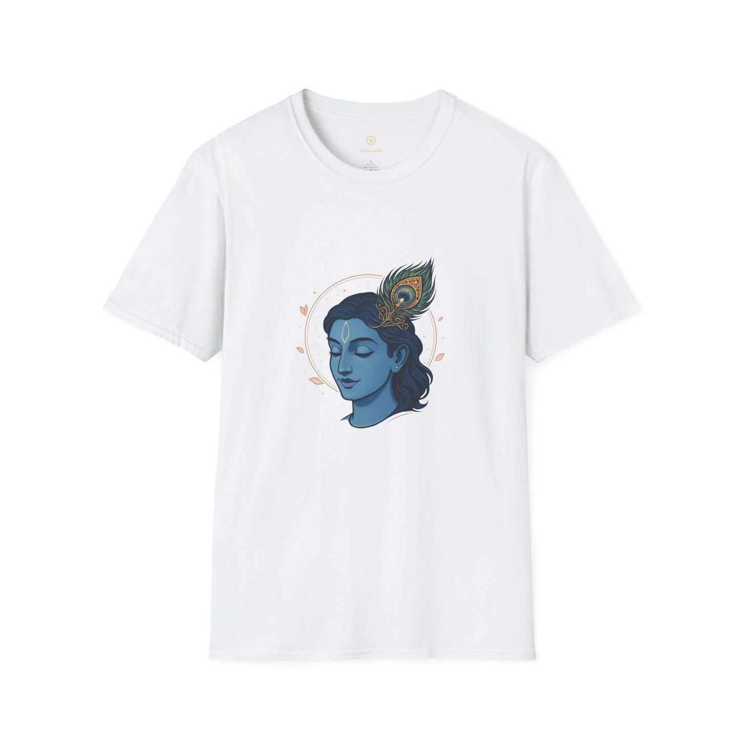 Krishna Portrait T-Shirt — Blue Hindu Deity Design with Peacock Feather