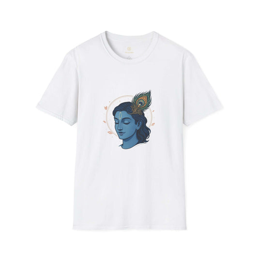 Krishna Portrait T-Shirt — Blue Hindu Deity Design with Peacock Feather