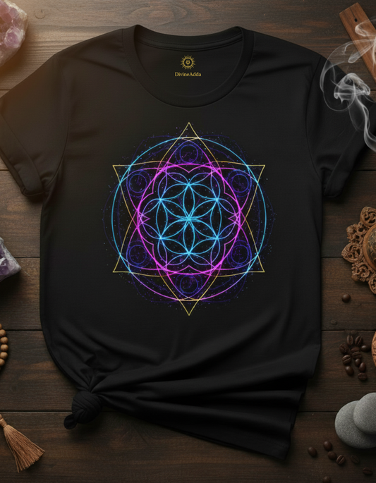 Divine Sacred Geometry Star  T-Shirt featuring vibrant geometric patterns representing cosmic harmony.