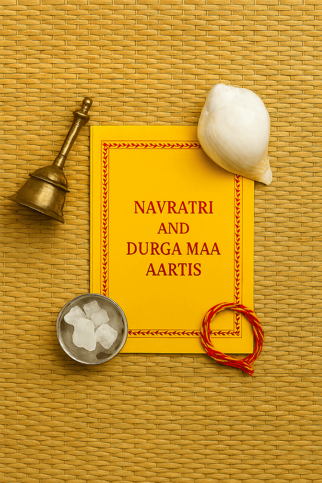 🪔 Navratri Aarti Combo – Brass Bell, Conch (Shankh), Camphor & Aarti Book