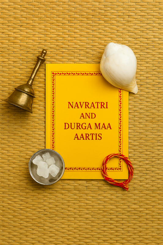 🪔 Navratri Aarti Combo – Brass Bell, Conch (Shankh), Camphor & Aarti Book