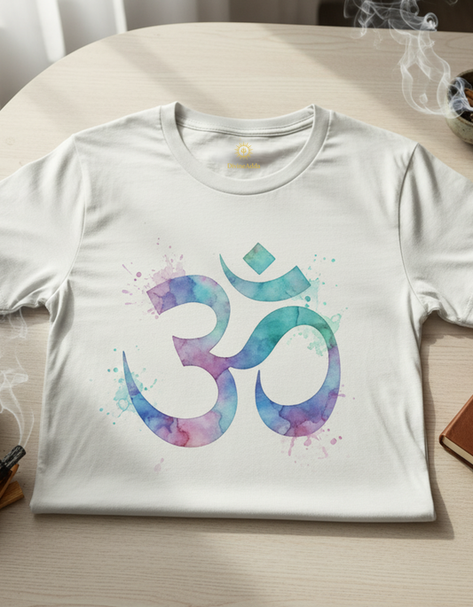 Spiritual OM T-Shirt - Embrace Comfort & Consciousness featuring a colorful OM symbol on a white background.