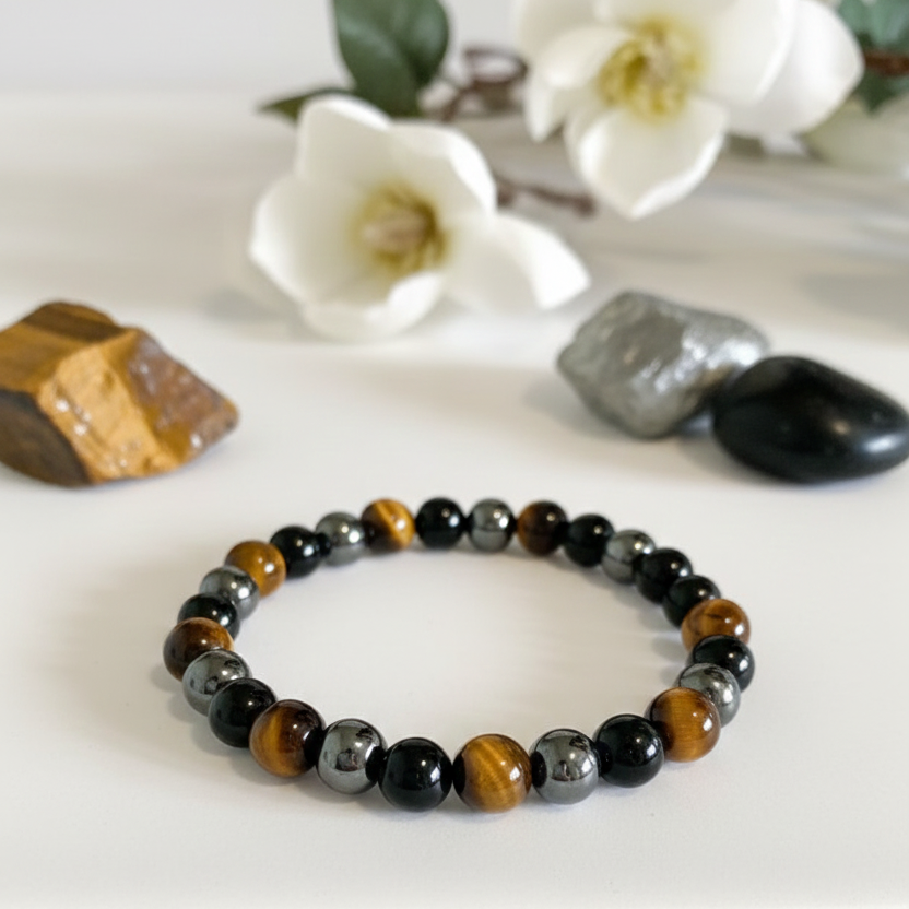 Triple Protection Bracelet – Obsidian, Hematite & Tiger Eye  DivineAdda