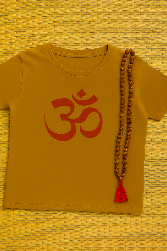 🙏 Bhakti Wear Combo – Printed Om T-Shirt + Rudraksha Mala